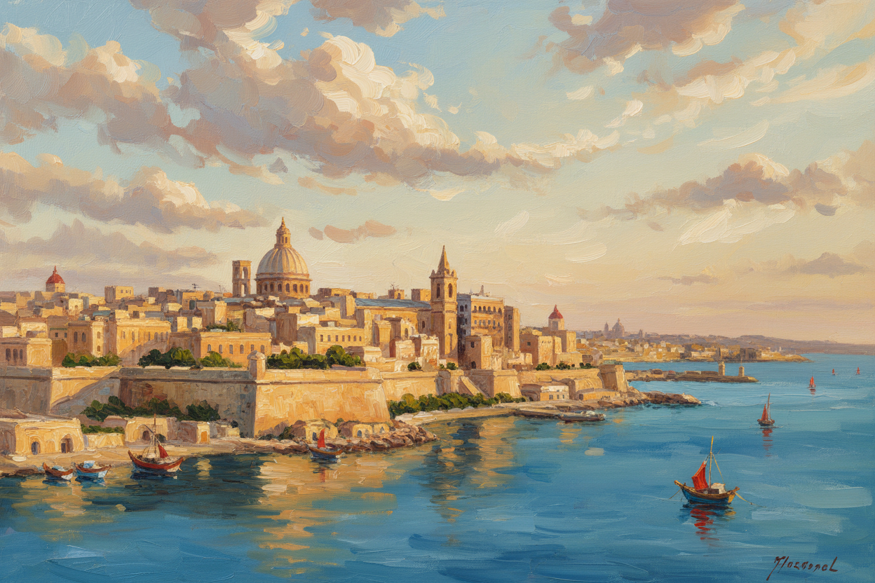 Make a hand painted image of valletta skyline and create a lot of space in the sky